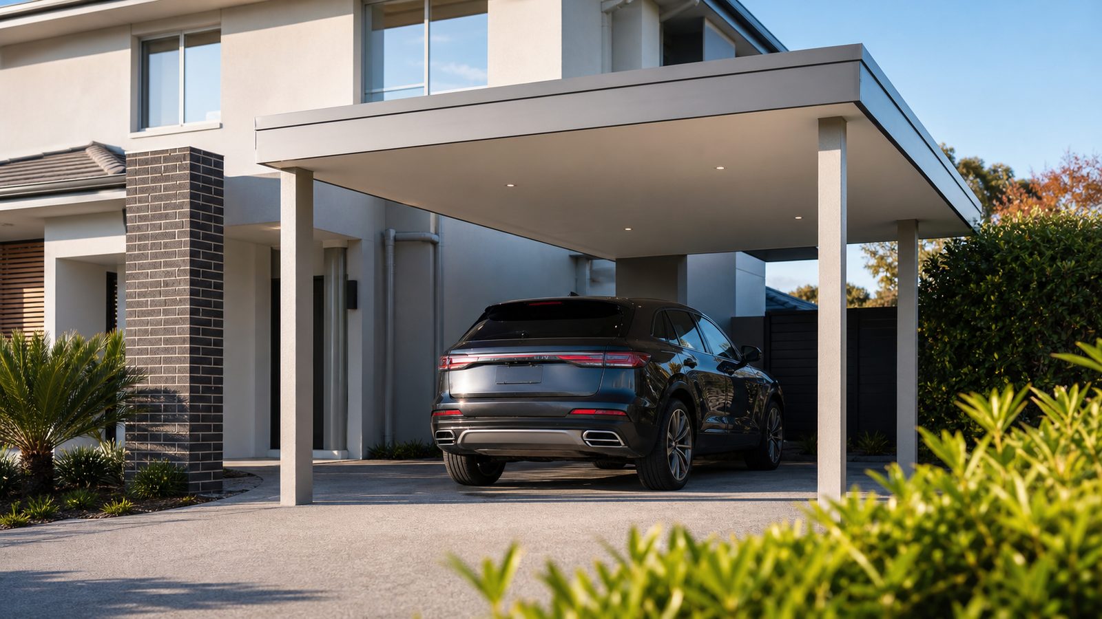 Completed double carport with vehicle parked underneath
